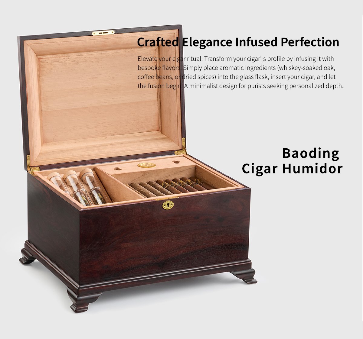Large Desktop cigar Humidor, Handmade Hardwood Case with Glass Flavor Infusion Tubes 1 宝鼎 01