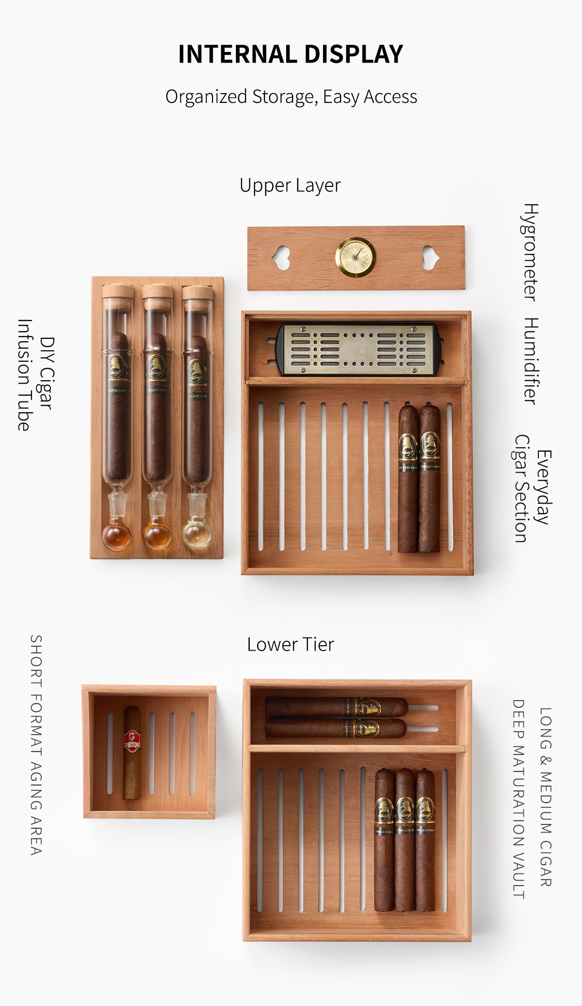 Large Desktop cigar Humidor, Handmade Hardwood Case with Glass Flavor Infusion Tubes 4 宝鼎 10 1