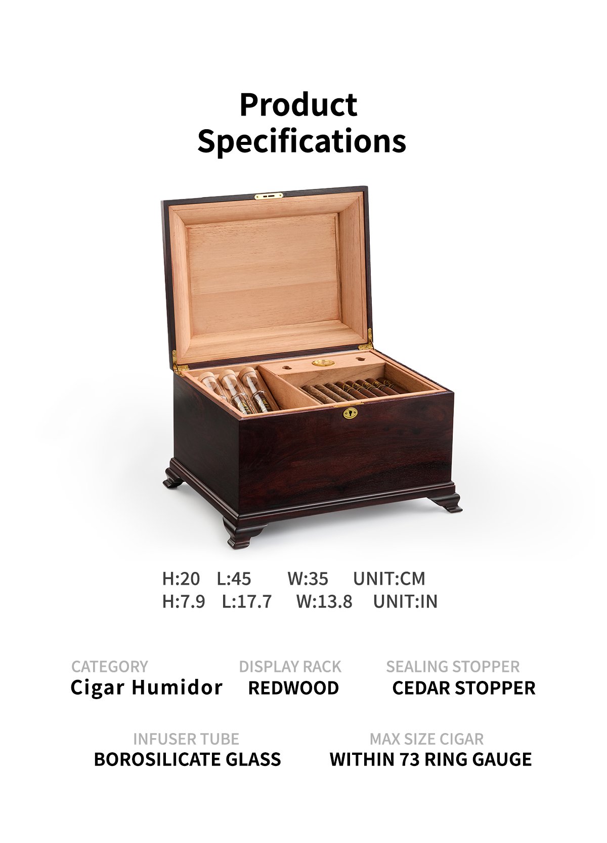 Large Desktop cigar Humidor, Handmade Hardwood Case with Glass Flavor Infusion Tubes 9 宝鼎 12